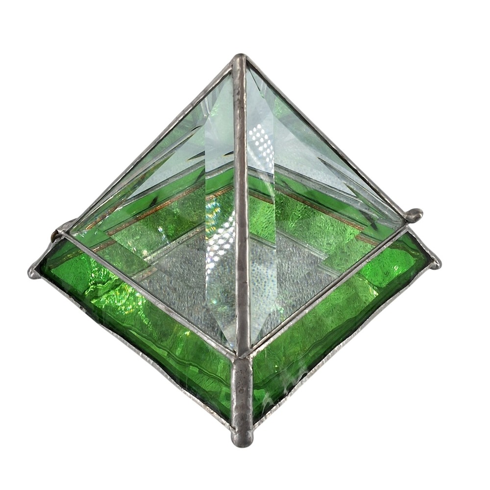 Vintage Stained Glass Pyramid Trinket Box Green Beveled Mirrored Jewelry Case